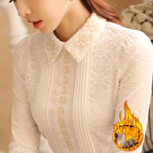 Load image into Gallery viewer, Women's Clothing Turn-down Collar Solid Color Lace Patchwork Pullover Long Sleeve Elegant T-shirt Fashionable Bright Silk Tops