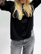 Load image into Gallery viewer, Women Round Neck T-Shirt Lace Long Sleeve Casual Shirts Spring Fall Loose Fit Tops Ladies Solid Color Tee for Streetwear Y2K 00s