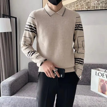 Load image into Gallery viewer, Autumn Winter Fashion Turn-down Collar Printing Long Sleeve Pullovers Men&#39;s Clothing Fake Two Pieces Casual Sweaters Korean Tops

