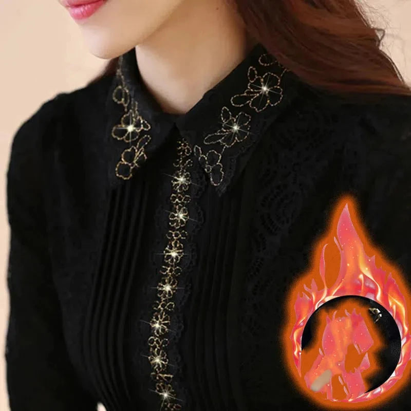 Women's Clothing Turn-down Collar Solid Color Lace Patchwork Pullover Long Sleeve Elegant T-shirt Fashionable Bright Silk Tops