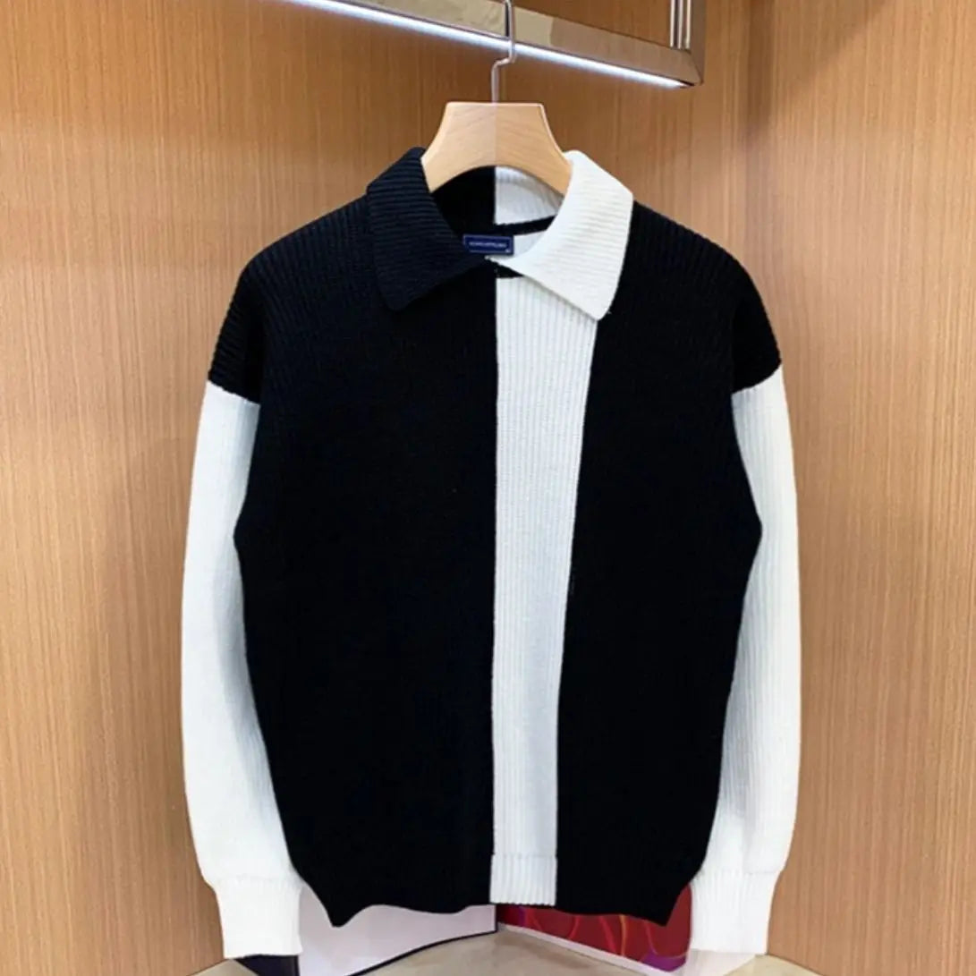 Autumn Winter New Fashion Turn-down Collar Long Sleeve Patchwork Color Blocking Pullovers Sweaters Men's Clothing Casual Tops