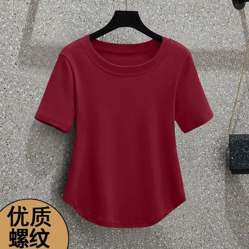 Round Neck Women's Threaded Fashionable Straight Shoulders Simple Style Solid Color Slim Body Clothes Irregular Short Sleeves