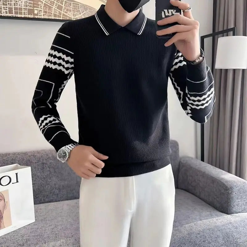 Autumn Winter Fashion Turn-down Collar Printing Long Sleeve Pullovers Men's Clothing Fake Two Pieces Casual Sweaters Korean Tops