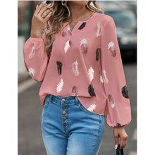 Load image into Gallery viewer, Fashion Woman Blouse Shirts For Women Stylish Top long Sleeve Feather Pattern Female Tops Elegant Chiffon Mujer Woman Clothes
