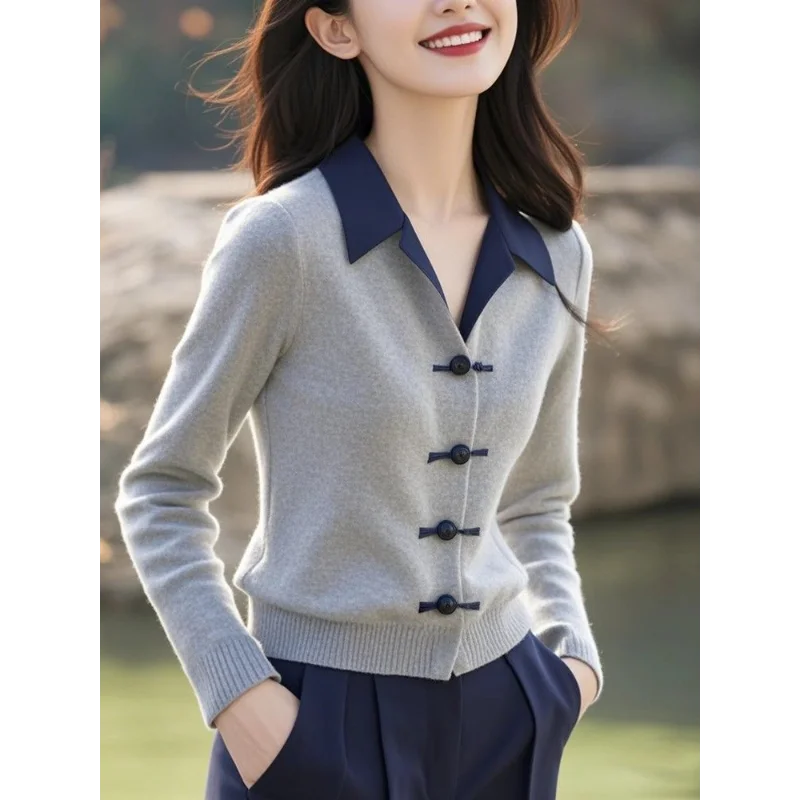 Women's Clothing Autumn Winter Turn-down Collar Contrast Color Long Sleeve Sweater Knitted Pullover Screw Thread Stylish Tops