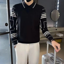 Load image into Gallery viewer, Autumn Winter Fashion Turn-down Collar Printing Long Sleeve Pullovers Men&#39;s Clothing Fake Two Pieces Casual Sweaters Korean Tops
